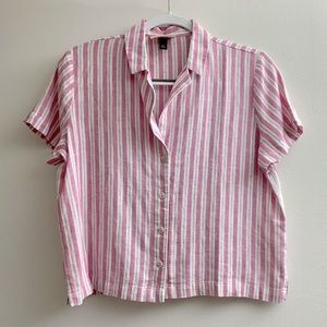 NWOT Universal Thread Women's Pink Striped Button Down Short Sleeve Linen Blend